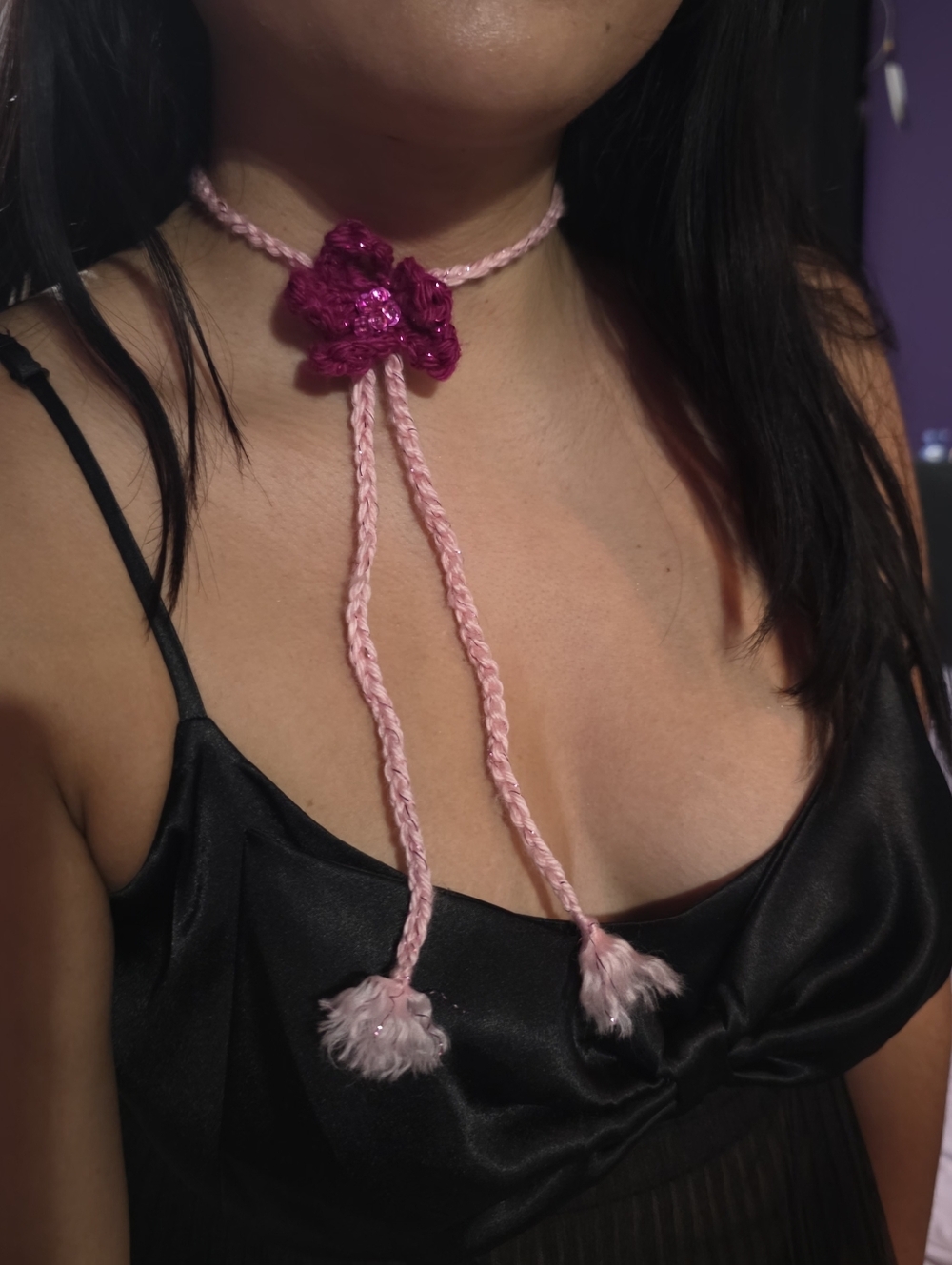 Handmade Crochet Flower Bolo Necklace — Magenta & Light Pink